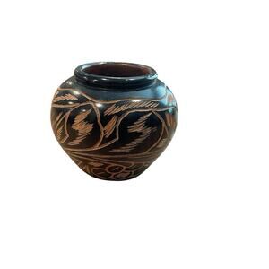 Hand Carved Wood Vase Black Small Two Tones Folk Art South American Vase